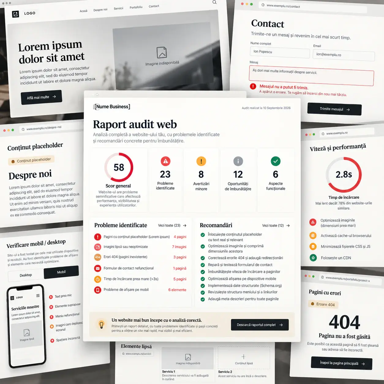 Exemplu demonstrativ de raport și verificări incluse într-un audit web
